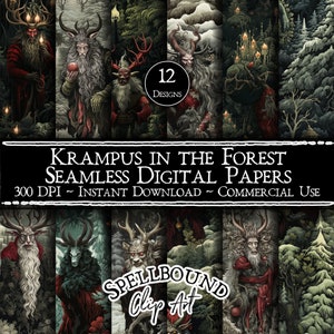 Krampus nella foresta Documenti digitali senza soluzione di continuità, Uso commerciale, Download istantaneo, Clipart di Natale, Clipart Krampus, Natale Goth