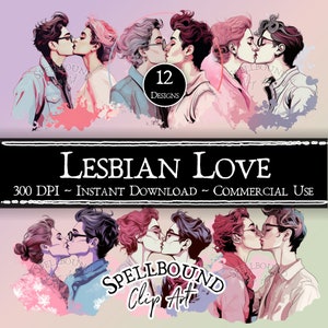 Clipart digital de amor lésbico, uso comercial, download instantâneo, clipart gay, PNG, clipart LGBTQ, clipart do dia dos namorados, mulheres se beijando