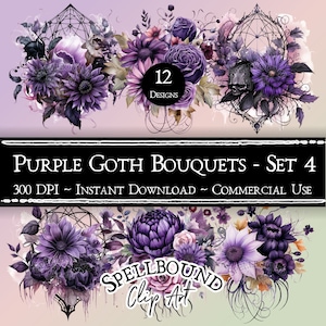 Purple Gothic Flower Bouquets Digital Clipart, Commercial Use, Instant Download, Goth Flower Clip Art, PNG, Purple Flowers, Goth Clipart