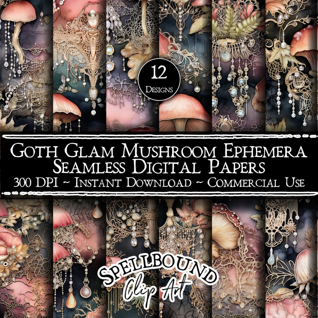 Goth Glam Mushroom Ephemera Seamless Digital Papers, Commercial Use ...