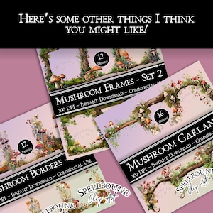 Puede incluir: Un conjunto de ilustraciones digitales con marcos y guirnaldas de setas. Las ilustraciones son de estilo caprichoso con una combinaci&oacute;n de colores rosa y verde. El texto en las im&aacute;genes dice "Mushroom Frames - Set 2", "Mushroom Garlands" y "Spellbound Clip Art".