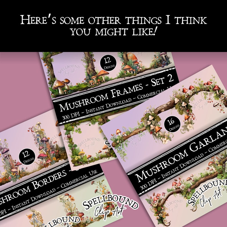 Puede incluir: Un conjunto de ilustraciones digitales con marcos y guirnaldas de setas. Las ilustraciones son de estilo caprichoso con una combinaci&oacute;n de colores rosa y verde. El texto en las im&aacute;genes dice "Mushroom Frames - Set 2", "Mushroom Garlands" y "Spellbound Clip Art".