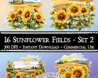 Op de afbeelding: Een digitale clip art set van 16 aquarel illustraties van zonnebloemvelden. De illustraties tonen verschillende zonnebloemarrangementen, waaronder close-ups van zonnebloemen en velden met zonnebloemen met een boerderij op de achtergrond. De illustraties zijn perfect om een ​​zomerse touch aan je ontwerpen toe te voegen.