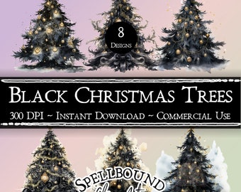 Imágenes prediseñadas digitales de árboles de Navidad negros, uso comercial, descarga instantánea, imágenes prediseñadas de Navidad, Navidad gótica, imágenes prediseñadas navideñas, PNG