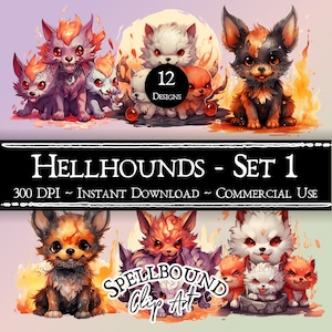 Puede incluir: Un conjunto de 12 imágenes digitales de clip art de perros del infierno de dibujos animados. Los perros del infierno se representan en varias poses y expresiones, con llamas y fuego que los rodean. Las imágenes están en un estilo de dibujos animados y son perfectas para usar en proyectos digitales.