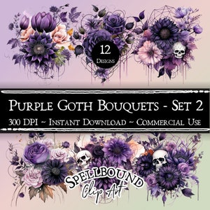 Purple Gothic Flower Bouquets Digital Clipart, Commercial Use, Instant Download, Goth Flower Clip Art, PNG, Purple Flowers, Goth Clipart