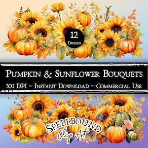 Kürbis- und Sonnenblumensträuße Digitale Clipart Kommerzielle Nutzung Sofortiger Download Herbst Herbst ClipArt, PNG