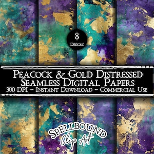 Papéis digitais sem costura Pavão e Ouro, Uso Comercial, Download Instantâneo, Grunge Distressed, Azul e Dourado, Verde e Dourado, Folha de Ouro