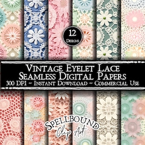 May include: Twelve digital papers featuring vintage eyelet lace designs in pastel colors. The designs are seamless and perfect for crafting projects. 300 DPI. Instant download. Commercial use.