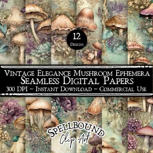 Documenti digitali senza giunte di eleganza vintage funghi effimeri, uso commerciale, download istantaneo, clipart di funghi, effimeri digitali