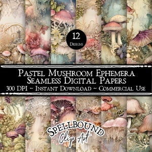 Pastell Pilz Ephemera Nahtlose digitale Papiere, kommerzielle Nutzung, Sofortiger Download, Vintage Clipart, Pilz Clipart, Vintage Clipart