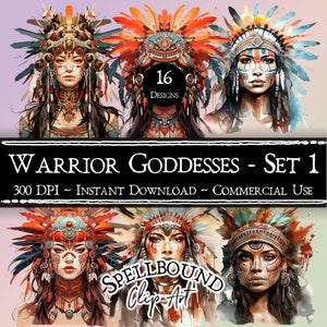 Pode incluir: Um conjunto de 16 ilustrações digitais de deusas guerreiras com adornos de cabeça coloridos e pintura facial intrincada. As ilustrações são em estilo aquarela e apresentam uma variedade de poses e expressões. O texto "WARRIOR GODDESSES - SET 1" e "SPELLBOUND Clip Art" é visível na imagem.