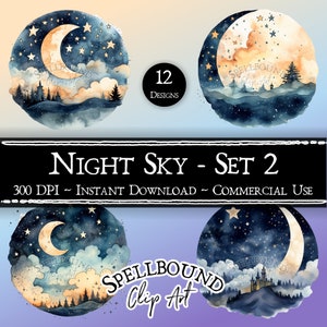 Nachtelijke hemel digitale clipart, commercieel gebruik, Instant Download, maan illustraties, Star clipart