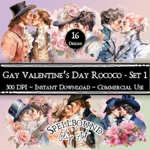 Gay Rokoko Digitale Clipart, kommerzielle Nutzung, Sofortiger Download, Gay ClipArt, PNG, LGBTQ Clipart, Valentinstag Clipart, Männer küssen