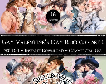 Gay Rococo Digital Clipart, Commercial Use, Instant Download, Gay Clip Art, PNG, LGBTQ Clipart, Valentine's Day Clipart, Men Kissing