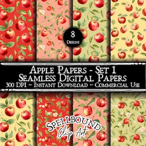 Papéis digitais sem costura da Apple, uso comercial, download instantâneo, clipart da Apple, clipart de alimentos, clipart de outono