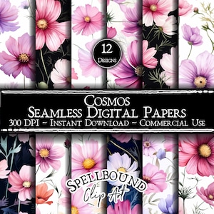 Papeles digitales sin costuras Cosmos, uso comercial, descarga instantánea, flores del mes de nacimiento de octubre, imágenes prediseñadas de flores, jardinería, imágenes prediseñadas de otoño