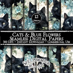 Papiers numériques sans couture de chats et de fleurs bleues, usage commercial, téléchargement immédiat, clipart fleur, clipart chat, chats noirs, fleurs bleues