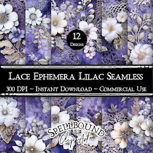 Papeles digitales sin costuras de efímera de encaje lila, uso comercial, descarga instantánea, imágenes prediseñadas de flores, textura de encaje, papel digital púrpura