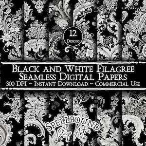 Black and White Filagree Seamless Digital Papers, Commercial Use, Instant Download, Filagree Clipart, Clip Art, Lace Pattern