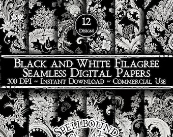 Papeles digitales sin costuras Filagree en blanco y negro, uso comercial, descarga instantánea, imágenes prediseñadas de Filagree, imágenes prediseñadas, patrón de encaje