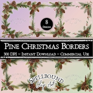 Clipart digitale con bordi natalizi in pino, uso commerciale, download istantaneo, ghirlanda di Natale, clipart natalizia, PNG, clipart Yule