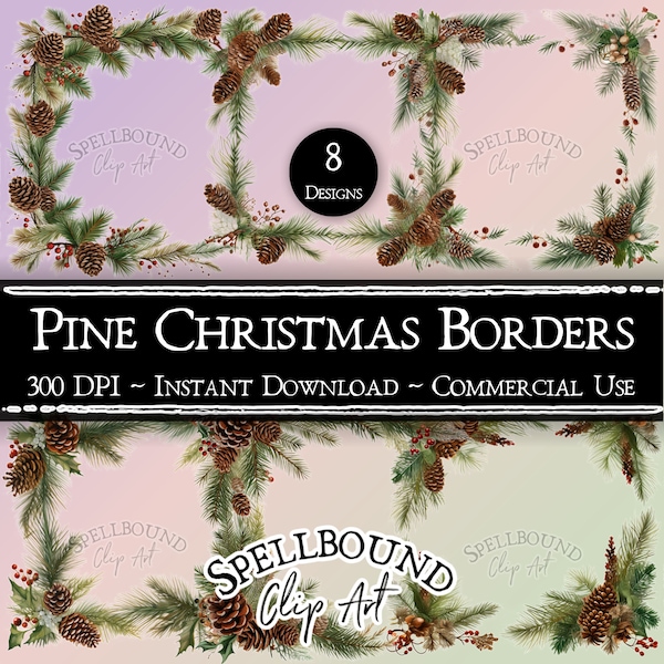 Pine Christmas Borders Digital Clipart, Commercial Use, Instant Download, Christmas Garland, Holiday Clipart, PNG, Yule Clipart