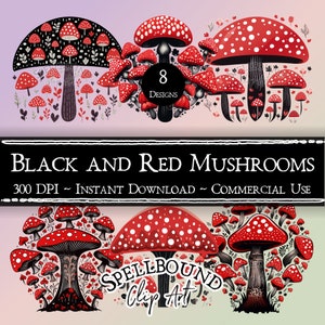 Zwarte en rode paddestoelen digitale clipart, commercieel gebruik, Instant Download, Mushroom Clip Art, PNG, Cottagecore clipart