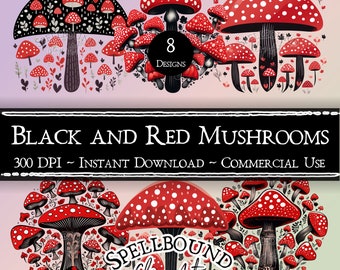 Clipart numérique de champignons noirs et rouges, usage commercial, téléchargement immédiat, clipart champignon, PNG, clipart Cottagecore