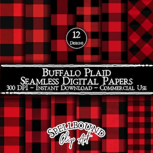 Puede incluir: Doce diseños de papel digital con un patrón de cuadros rojos y negros. El texto "BUFFALO PLAID SEAMLESS DIGITAL PAPERS 300 DPI - INSTANT DOWNLOAD - COMMERCIAL USE" se muestra en una pancarta negra. El texto "SPELLBOUND Clip Art" se muestra en un círculo blanco con un contorno negro.