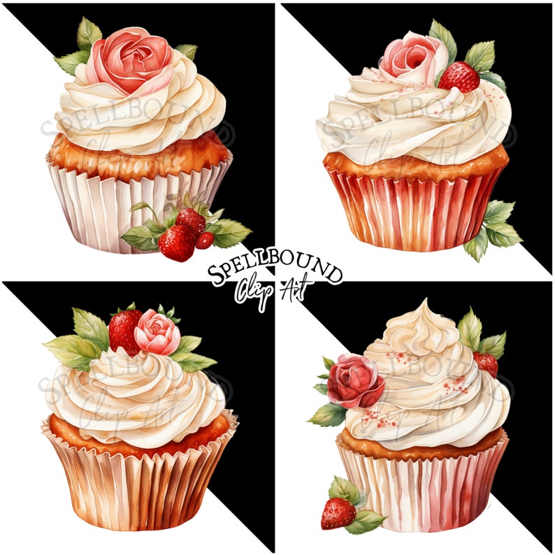 Strawberry Cupcakes Digital Clipart, Commercial Use, Instant Download ...