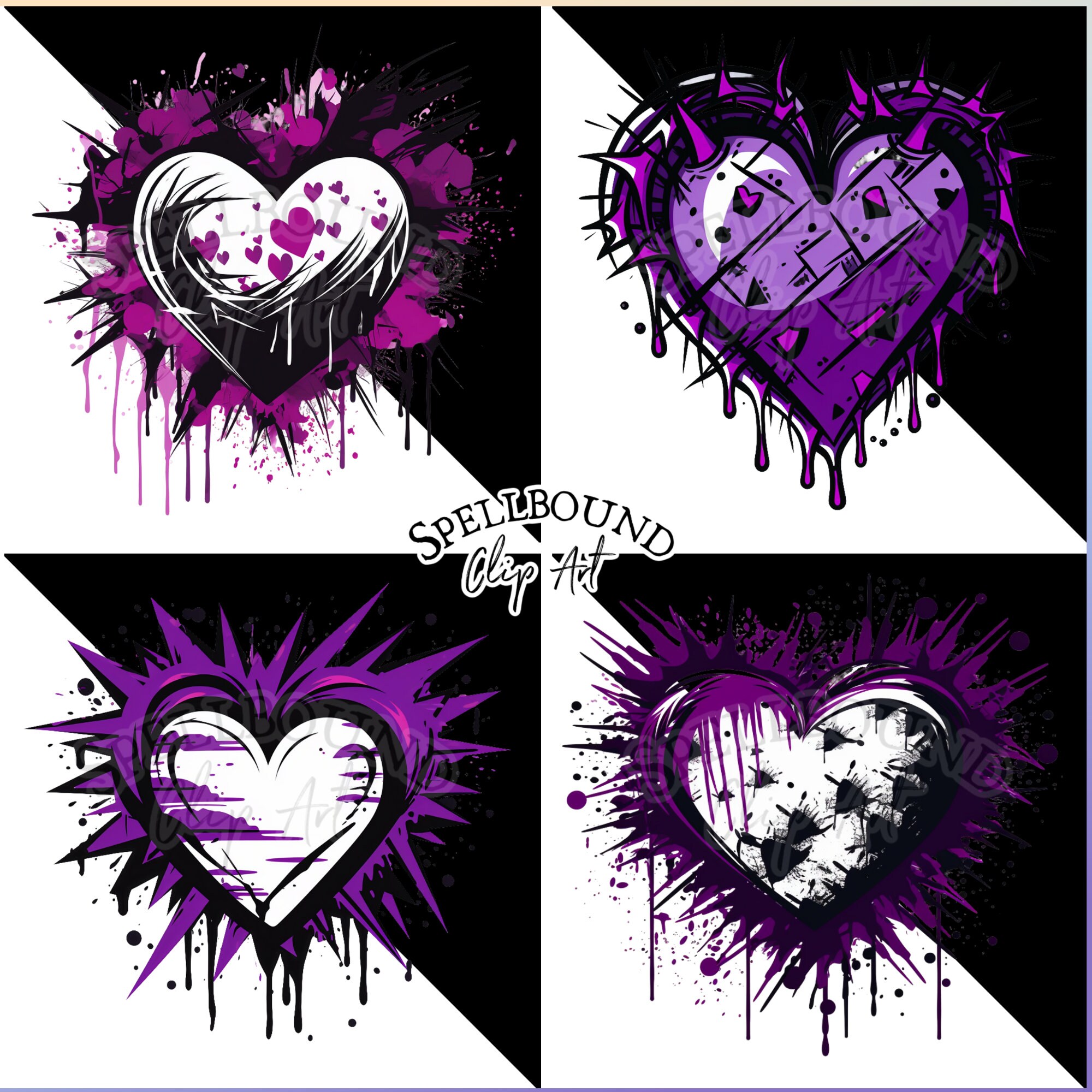 Purple Punk Hearts Digital Clipart, Commercial Use, Instant Download ...