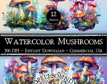 Watercolor Mushroom Digital Clipart, Commercial Use, Instant Download, Mushroom Clip Art, PNG, Nature Clipart