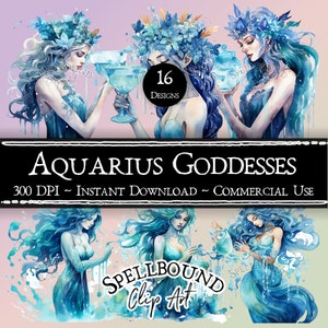 Watercolor Aquarius Goddess Digital Clipart, Commercial Use, Instant Download, Water Goddess Clip Art, PNG, Astrology, Zodiac