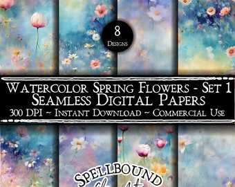 Watercolor Spring Floral Seamless Digital Papers, Commercial Use, Instant Download, Watercolor Flowers, Flower Background, Distressed Floral