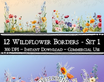 Wildflower Border Overlays Digital Clipart, Commercial Use, Instant Download, Flower Clipart, Nature Clip Art, PNG
