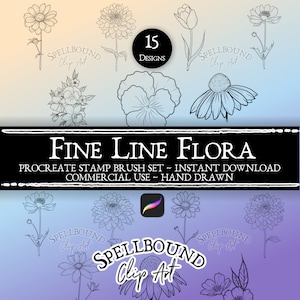 Fine Line Flowers Procreate Stamps, Brush Set, Instant Download, iPad Procreate Tools, Commercial Use, Floral Brushes, Tattoo Design