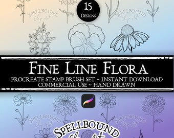 Fine Line Flowers Procreate Stamps, Brush Set, Instant Download, iPad Procreate Tools, Commercial Use, Floral Brushes, Tattoo Design