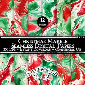 Christmas Marbled Seamless Digital Papers, Commercial Use, Instant Download, Red and Green, Christmas Clipart