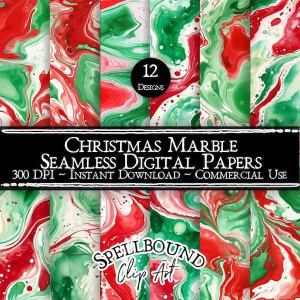 Christmas Marbled Seamless Digital Papers, Commercial Use, Instant Download, Red and Green, Christmas Clipart