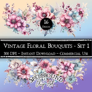 Vintage Flower Bouquets Bouquets, Digital Clipart, Commercial Use, Instant Download, Flower Clip Art, PNG, Digital Ephemera