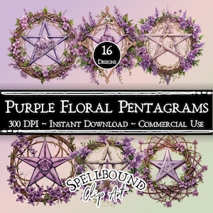 Pentagramas florais roxos clipart digital, uso comercial, download instantâneo, clipart pagão, clipart wiccan, clipart de bruxa, PNG, pentagrama