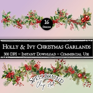Clipart digitale di ghirlanda natalizia di agrifoglio ed edera, uso commerciale, download istantaneo, fiori di Natale, clipart natalizia, PNG