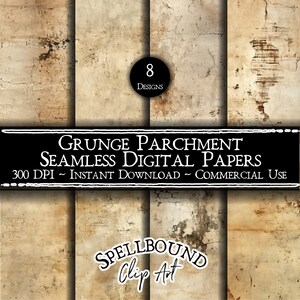 May include: Eight grunge parchment seamless digital papers in beige and brown tones with a distressed, textured look. 300 DPI - Instant Download - Commercial Use. Spellbound Clip Art.