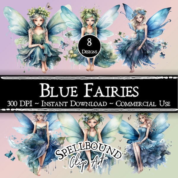 Blue Fairies Digital Clipart, Commercial Use, Instant Download, Pastel Fairies Clipart, PNG, Fairy Clipart, Fantasy Clipart Mythical Clipart