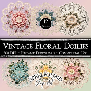 Vintage Floral Lace Doilies Digital Clipart, Commercial Use, Instant Download, PNG, Vintage Clipart, Vintage Doilies, Digital Ephemera