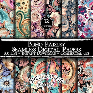 Boho Paisley Seamless Digital Papers, Zastosowanie komercyjne, Natychmiastowe pobieranie, Pastel Paisley, Bezszwowy wzór Paisley, Jasny Paisley