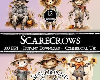 Imágenes prediseñadas digitales de espantapájaros, uso comercial, descarga instantánea, imágenes prediseñadas de otoño, imágenes prediseñadas de Halloween