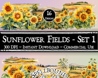 Op de afbeelding: Een digitale illustratieset van 16 aquarel-clipart-afbeeldingen van zonnebloemvelden. De afbeeldingen tonen zonnebloemen in een veld met een boerderij in de verte en glooiende heuvels. De tekst "SPELLBOUND Clip Art" staat in de rechterbenedenhoek van de afbeelding.