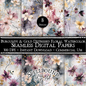 Bourgondië en goud noodlijdende bloemen naadloze digitale papieren, commercieel gebruik, Instant Download, bloem clipart, aquarel bloemen